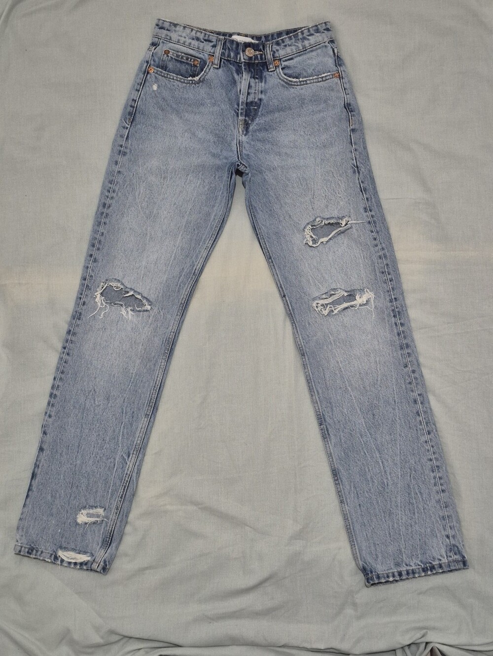 Zara Light Blue Distressed Straight Leg Jeans